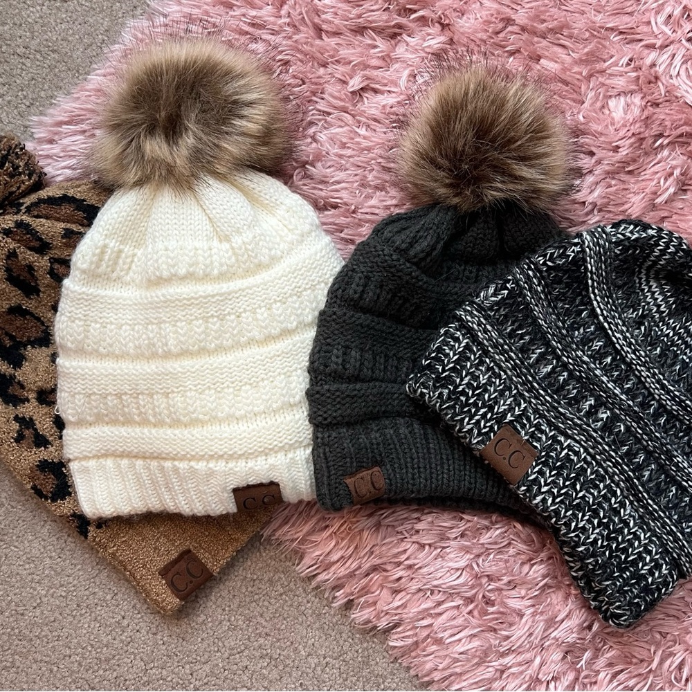 C.C Knit Beanie Collection - Cream, Grey, Leopard Pom & BW knitted ponytail